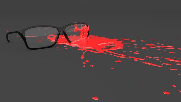 Óculos manchados com tinta vermelha em forma de borrão, ilustração 3D