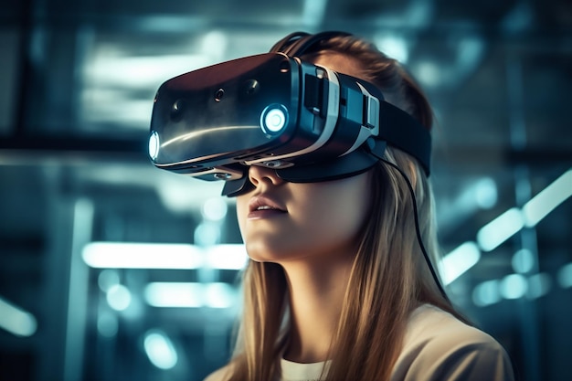 Óculos mulher vr linha digital fone de ouvido tecnologia futura conceito de negócio virtual Generative AI