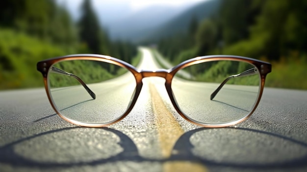 Óculos na estrada de asfalto nas montanhas