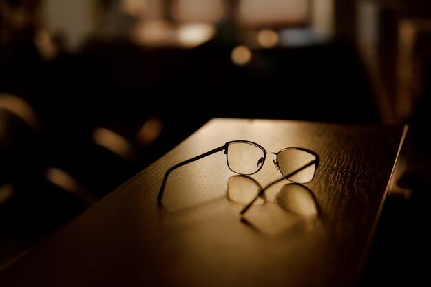 Óculos sobre a mesa à noite em um pedaço de luz do sol Um ambiente aconchegante e aconchegante Óculos perdidos O sol brilha no quarto