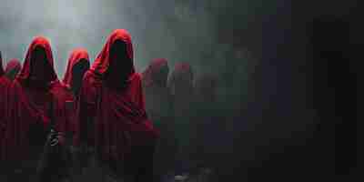 Foto cultistas com capuzes vermelhos realizam rituais sinistros em locais obscuros conceito mistérios escuros práticas ocultas reuniões sinistras rituais misteriosos entidades sobrenaturais
