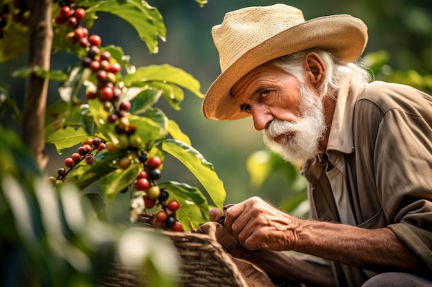 Un cultivador de café inspeccionando las cerezas de café maduras en una plantación