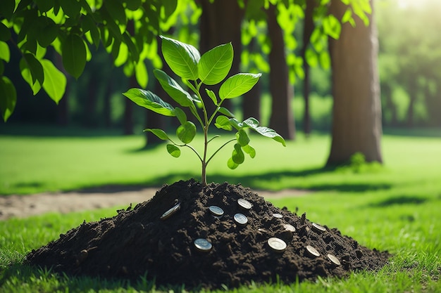 Cultivando el pequeño árbol al atardecer.