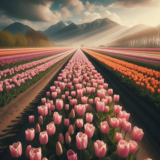 Cultivando tulipanes interminables filas planas de tulipanes cada uno de una variedad diferente