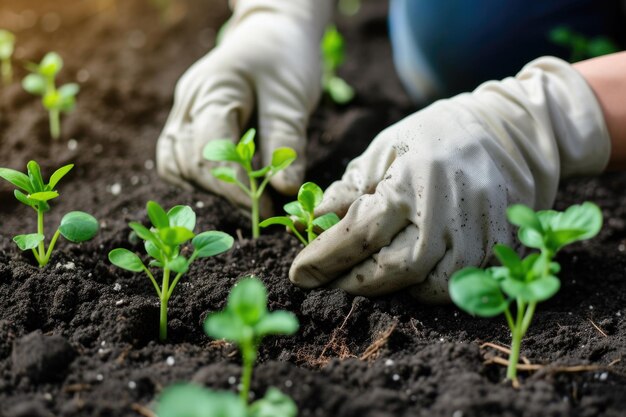 Cultivar novas plantas na fazenda ou no jardim Mãos em luvas trabalhando com brotos frescos de bebês verdes no solo do leito do jardim