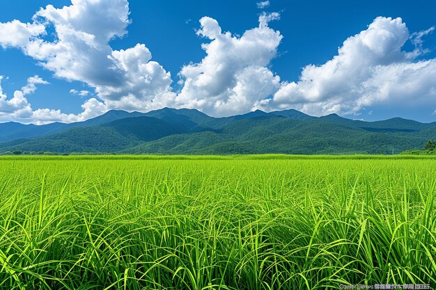 Foto el cultivo del arroz campos de arroz verdes con hermosos cielos azules