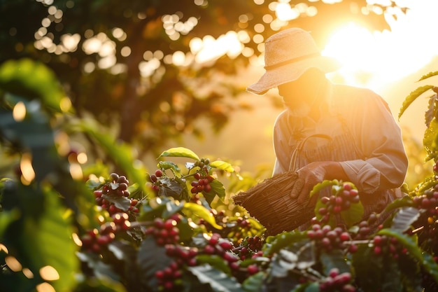 Foto cultivo del café al atardecer