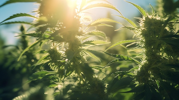 Cultivo de planta de cannabis de maconha sob luz solar natural na fazenda