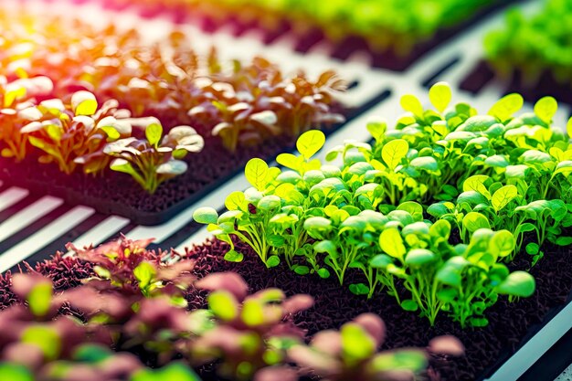 Cultivo de plantas em estufa para preparação de microgreens para saladas dietéticas saudáveis