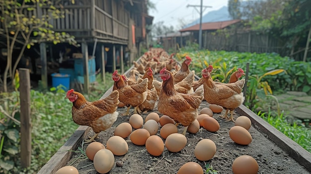 Foto cultivo de produtos orgânicos e fornecimento de aves na fazenda as galinhas emplumadas serão alimentadas até depositarem um ovo nos trilhos não há produtos químicos envolvidos neste processo