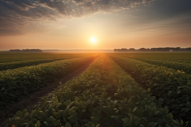 Cultivo exuberante de soja al atardecer