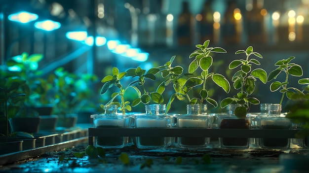 Foto cultivo hidropônico de plantas sob luzes artificiais