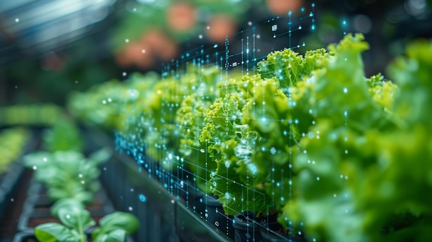 Cultivo hidropónico de verduras con gotas de agua en un invernadero futurista impulsado por inteligencia artificial Concepto de agricultura urbana sostenible y tecnología agrícola inteligente