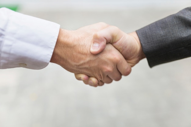 Foto cultivo de hombres dándose la mano