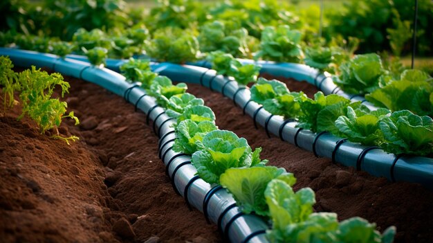 Foto cultivo de hortalizas verdes en invernadero con suministro de agua por goteo