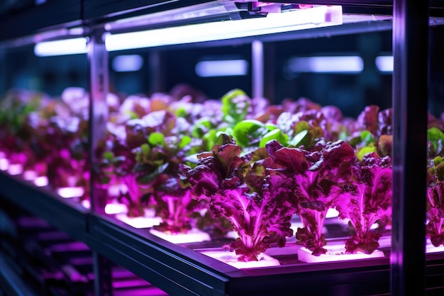 Cultivo de lechuga y tomate en estantes interiores Lámparas incandescentes LED púrpuras