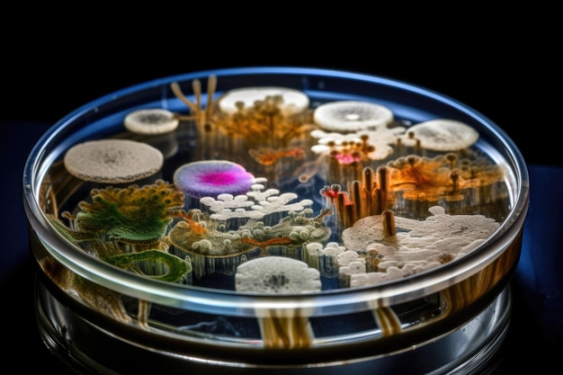Cultivo microbiano que crece en placa de petri con vista ampliada de organismos creados con ai generativa