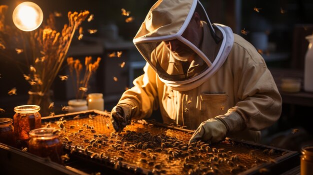 Cultivo de miel y apicultor.