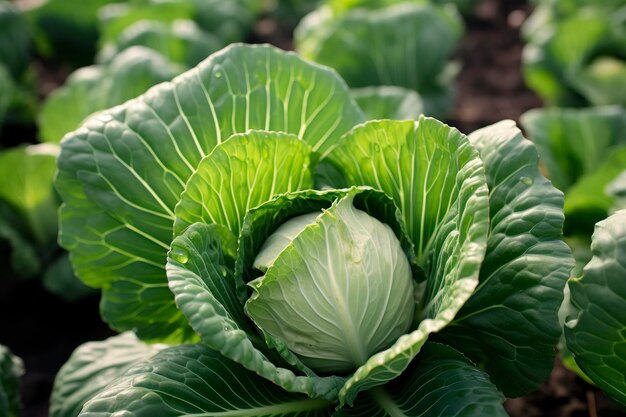 Foto cultivo de repollo en un jardín urbano hojas y cabeza de repollo de cerca