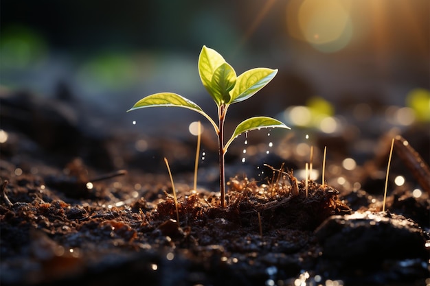 El cultivo de suelos en primer plano revela el viaje de las plantas jóvenes hacia la luz solar