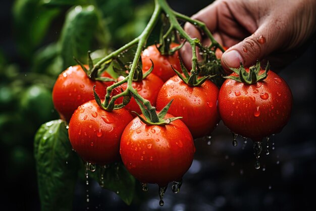 Cultivo de tomates maduros rojos a mano en invernaderos IA generativa