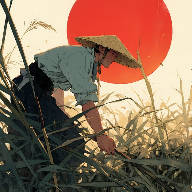 Foto cultivo tradicional de arroz à luz do sol