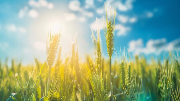 Cultivo de trigo con luz solar y cielo azul por la mañana IA generativa