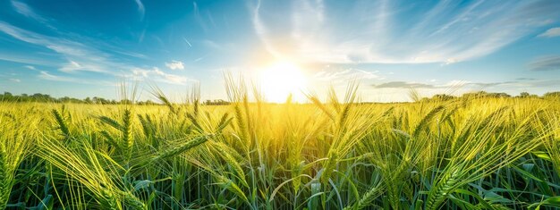 Cultivo de trigo con luz solar y cielo azul por la mañana IA generativa