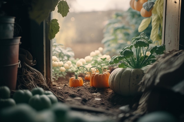 Cultivo de verduras de calabaza en una ilustración de invernadero IA generativa