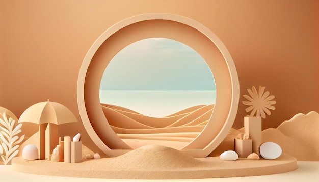 Foto cultivos playa de arena pantalla de podio 3d con océano marco de círculo de fondo beige pastel maqueta de promoción de productos de belleza cosmética pedestal de paso de sombra natural banner mínimo de verano 3dt ia generativa