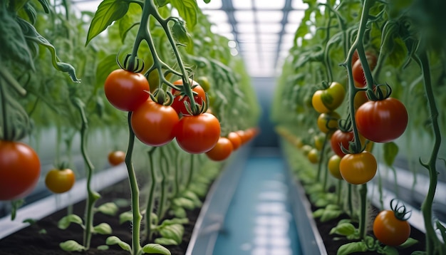 Cultivos de tomate hidropónicos sin suelo en una fábrica