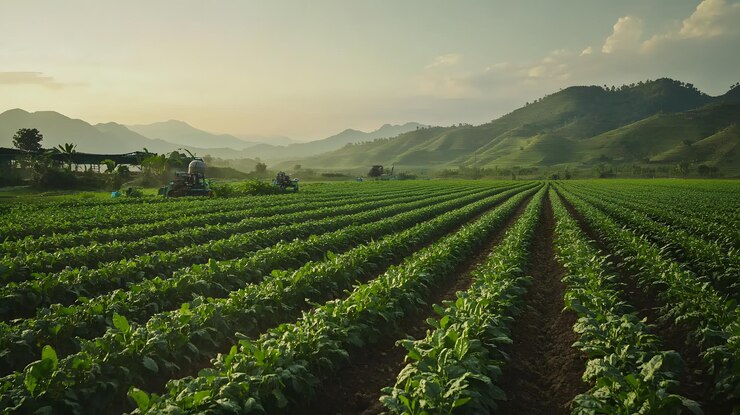 Cultivos verdes que crecen en tierras de cultivo con un fondo montañoso