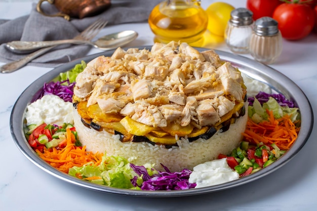 Cultura alimentar do Oriente Médio, culinária turca; tipo de pilaf, pilaf com frango e legumes, nome turco; Maklube, tavuklu maklube