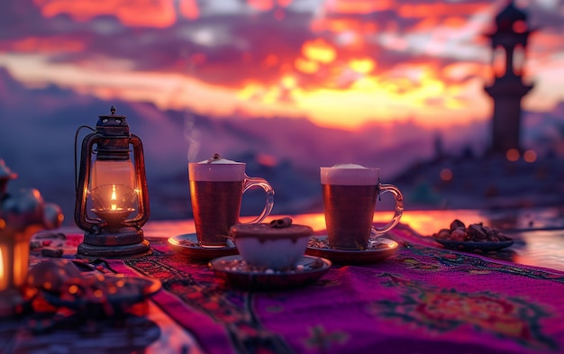 Cultura árabe Leite e cacau quente ao pôr-do-sol com café e tâmaras