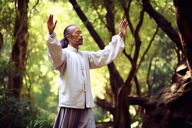 Foto cultura budista y alquimia taoísta un hombre hace ejercicios de qigong