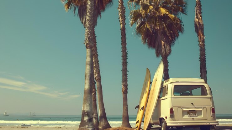 Foto cultura de surf retro com van vintage e pranchas de surf sob palmeiras em paisagem costeira