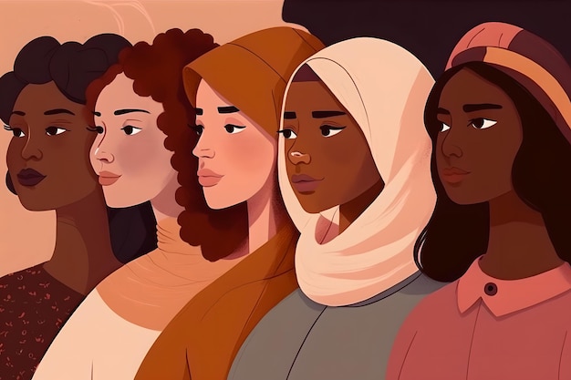 Foto cultura diversa comunidad femenina arte gráfico ilustración creativa cinco mujeres con varias telas de estilo nacional sobre un fondo beige marrón