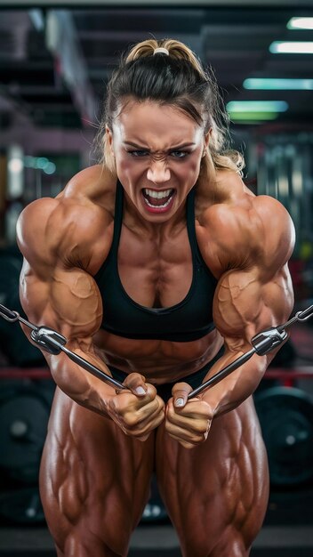 Foto culturista femenina entrenando los tríceps en el gimnasio