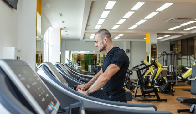 Culturista masculino musculoso guapo está haciendo ejercicio en una cinta en un gimnasio moderno. Entrenamiento cardiovascular