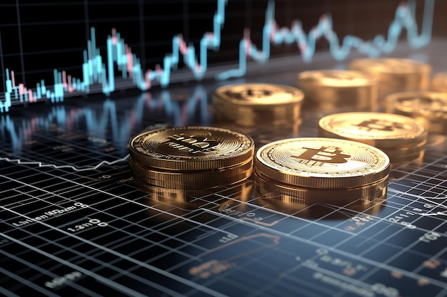 Cumbre de la Riqueza Digital Dos monedas de Bitcoin en una pantalla