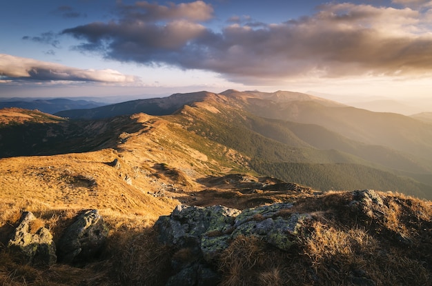 Cume da montanha. Paisagem de outono ao sol da tarde. Vista na rota turística. Cárpatos, Ucrânia, Europa. Processamento de arte de fotos. Tonificação de cor