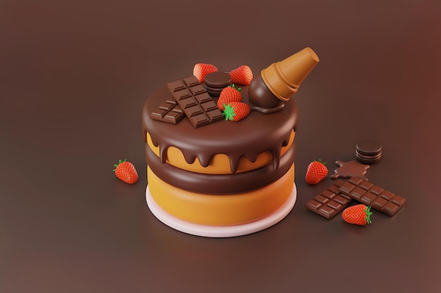 Cumpleaños y aniversario de pastel de chocolate con cobertura de fresa roja, cono de helado derretido 3d