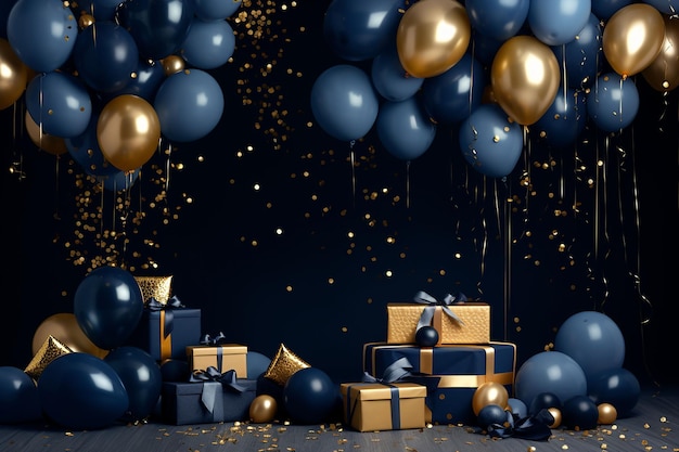 Cumpleaños celebración de año nuevo fondo globos azules y dorados celebrar fondo globos IA