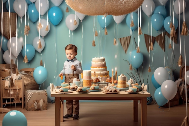 Cumpleaños globo fiesta niño niño pequeño azul niños linda infancia IA generativa