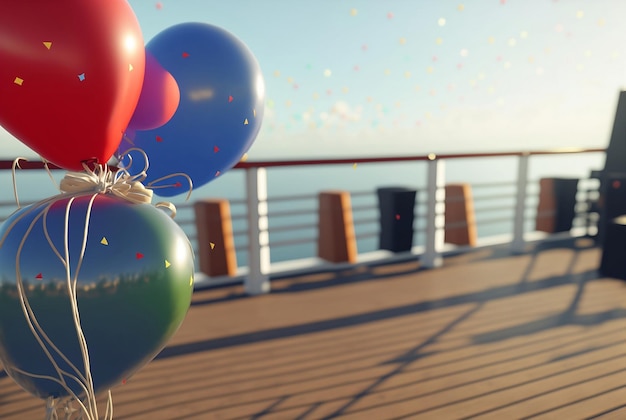 Cumpleaños con globos de colores en la cubierta del crucero