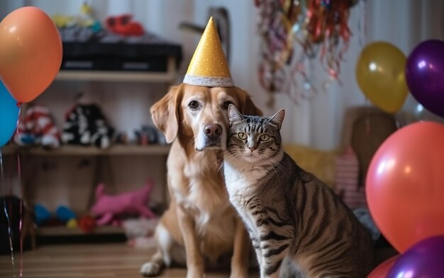 Cumpleaños mascota fiesta mascota gato y perro en una gorra de cumpleaños con un sombrero en un hogar generativo interior ai