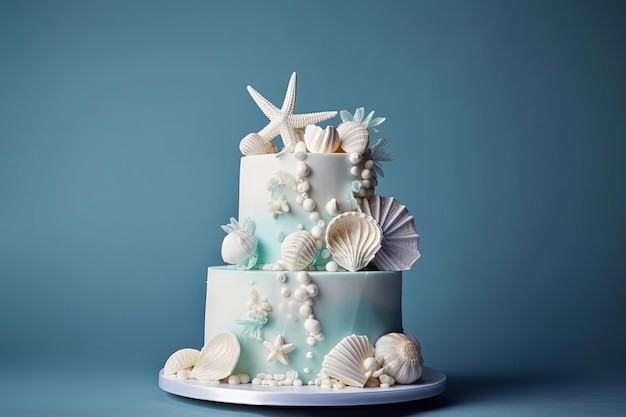 Cumpleaños o pastel de bodas decorado con conchas marinas perlas estrellas fondo azul IA generativa