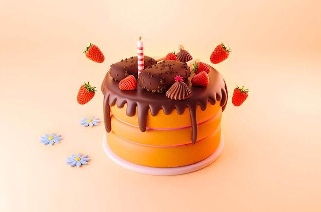 Cumpleaños de pastel de chocolate con helado oscuro de nueces de cacao, coberturas de fresas rojas ilustración 3d