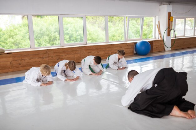 Cumprimentando-se. treinador de aikido e crianças se cumprimentando no início da aula