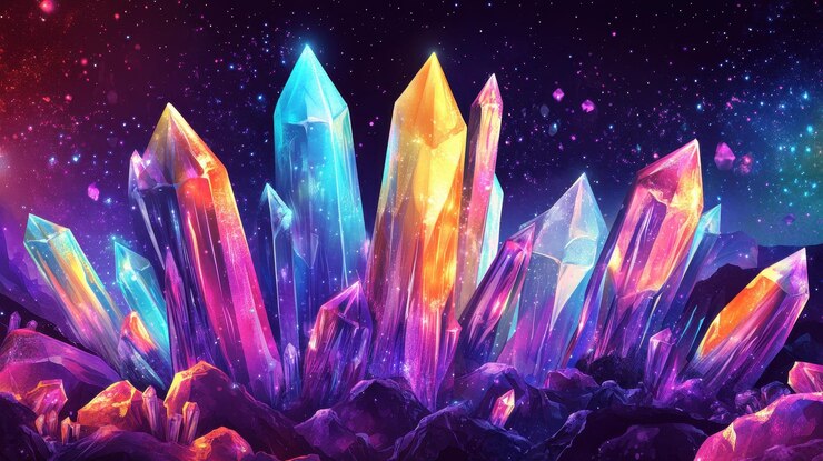 Un cúmulo de cristales vibrante bajo un cielo estrellado